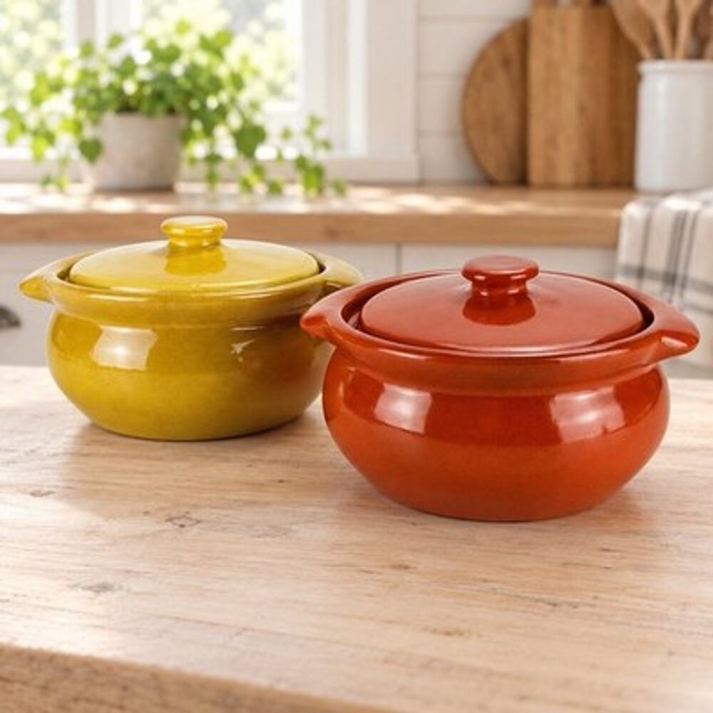 Vintage Pottery Bean Pots With Lids Orange Yellow Set of 2